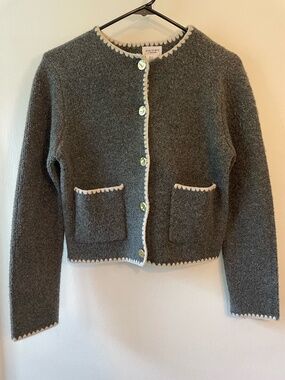 Song of Style women's grey cardigan with cream scalloped stitching size XS